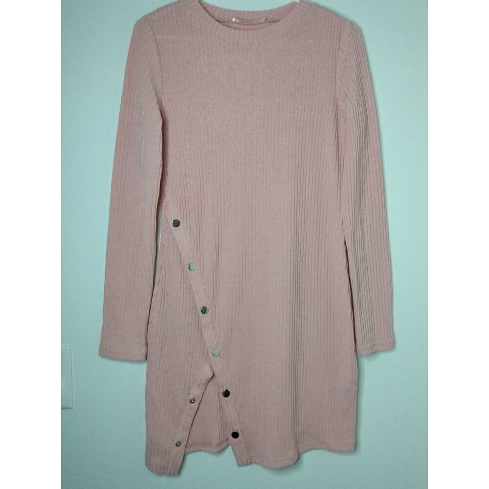 Auxo Collection Womens S 4-6 Pink Long Sleeve Sweater Mini Dress Ribbed Metal